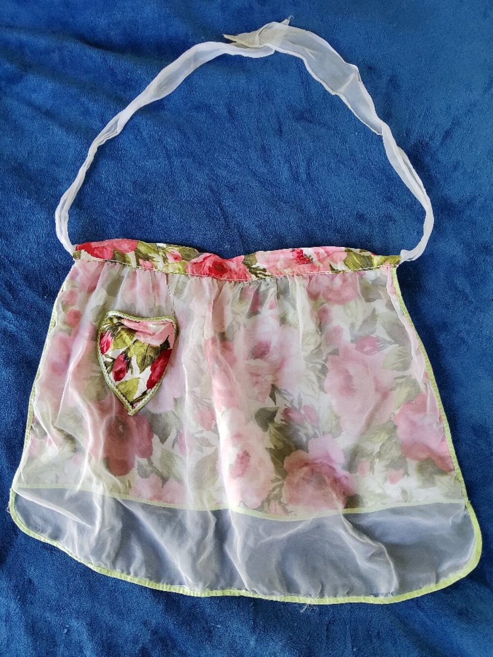 Handmade Vintage Sheer Organza Half Apron | Floral Pink Roses with Heart Shaped